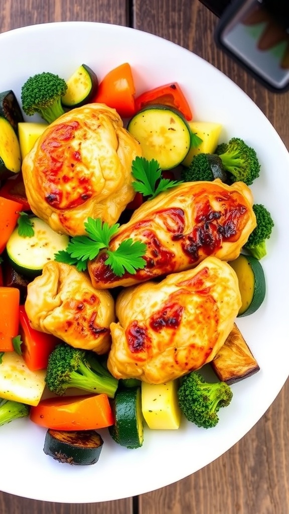 Healthy air fryer chicken and veggies on a plate, garnished with parsley, set on a rustic table.